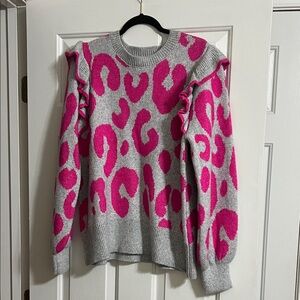 Crown & Ivy Pink and Gray Long Sleeve Ruffle Leopard Print Puff Sleeve Sweater